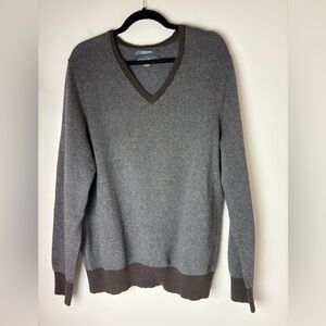 Eddie Bauer Mens Brown Herringbone Cotton Cashmere Blend V Neck Sweater Large